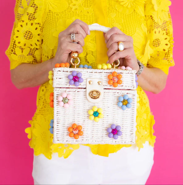 Wicker Bucket Daisy Flower Purse: White + Pearl Daisy / Large main image 0