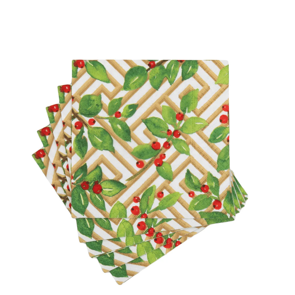 Holly and Fretwork White Cocktail Napkin