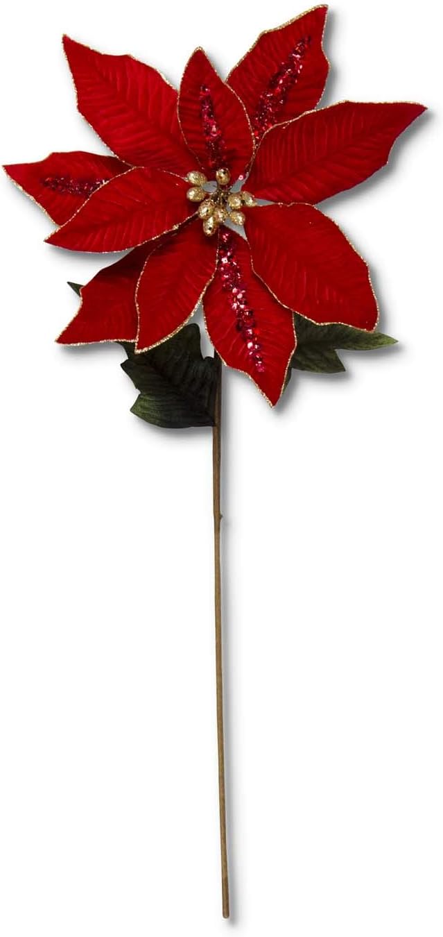 30" Red Velvet Poinsettia Stem w/ Sequins